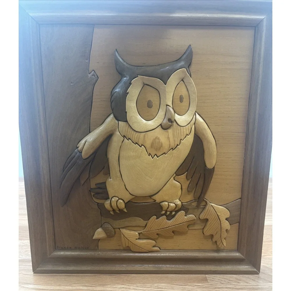 Vintage 3D Intarsia Wood Inlay‎ Owl Framed Wall Hanging Art 15